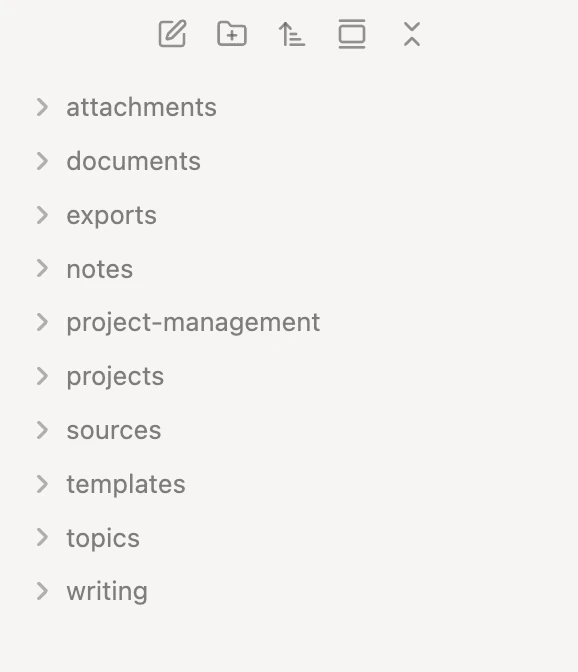 Obsidian's file explorer showing ten top-level folders: attachments, documents, exports, notes, project-management, projects, sources, templates, topics, and writing.